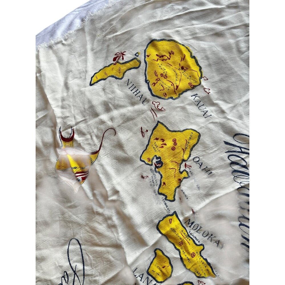 Hawaiian Islands Map Scarf Crepe Polyester 23 x23 Aloha Hawaii Frayed Edges VTG - Picture 11 of 11